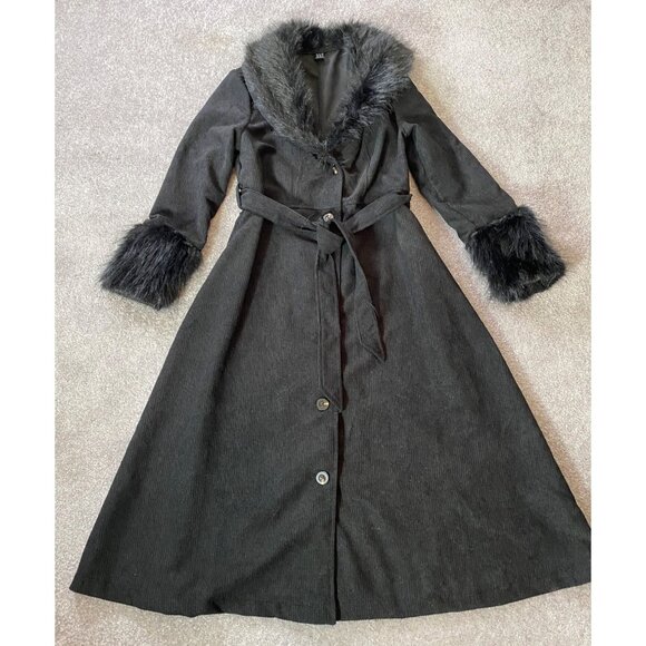 SheIn Dark Gray  OverCoat Faux Fur Trim & Belted Waist Size 2 Small - Picture 1 of 10